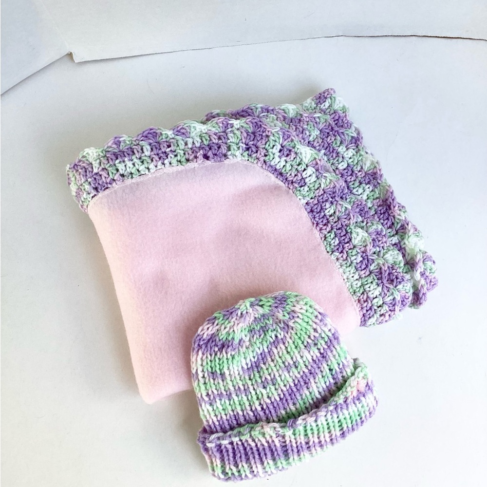 Baby Blanket Hat Set Hand Crafted Pink Purple Green White Fleece Crochet Knit